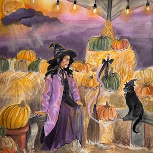 Lámina artística otoñal de bruja caprichosa y gato negro / Pintura de acuarela de campo de calabazas / Decoración de pared otoñal acogedora / Impresión giclée de Halloween
