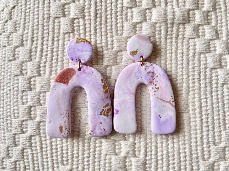 1 Pair Dangle Drop Earrings U-Shape Marbled lavender and pink with gold leaf Handmade Polymer Clay with 18k gold plated stud backings