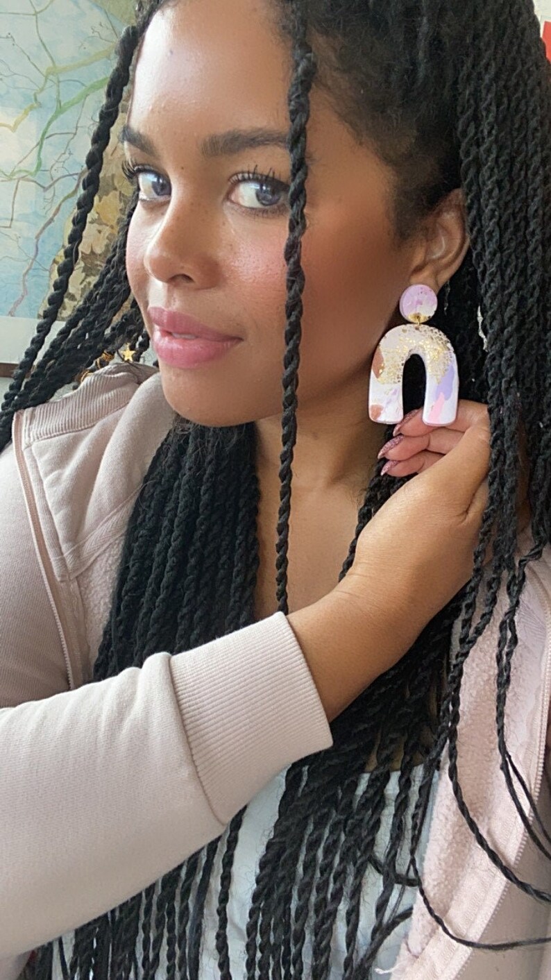 1 Pair Dangle Drop Earrings U-Shape Marbled lavender and pink with gold leaf Handmade Polymer Clay with 18k gold plated stud backings