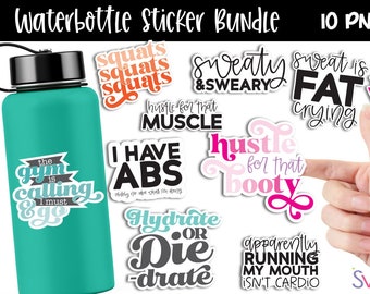 PNG Stickers Bundle - Fitness Workout Water Bottle Decal Sticker Digital Download- Print and Cut Stickers