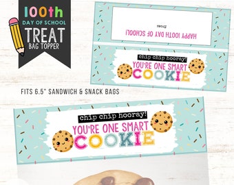 100th Day of School Cookie Tag Topper | 6.5 Inch Cookie Bag Folding Tag | One Smart Cookie | Printable Digital Download PDF