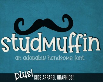 Digital Font Download, Studmuffin Font, Cute Kid Font and Apparel Graphics Bundle, Handwritten Font, True Type TTF, Open Type OTF