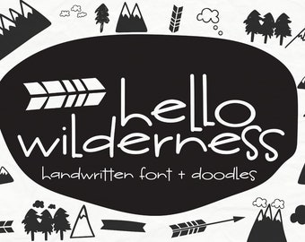 Hello Wilderness Handwritten Font + Doodles Download, Installable True Type TTF and Open Type OTF Typeface, Mountain Doodles, Cricut