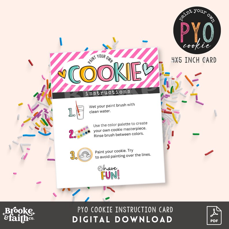 PYO Cookie Card | Paint Your Own Cookie Instructions Card | Digital Download PDF with 4 cards per sheet