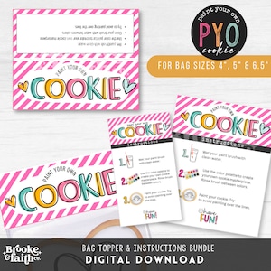 May include: A printable set of instructions for a paint your own cookie craft activity. The instructions feature a pink and white striped background with the words "Paint Your Own Cookie" in a colourful font. The instructions include three steps: wet your paintbrush with clean water, use the colour palette to create your own cookie masterpiece, and paint your cookie. The instructions also include the text "Have Fun!" in a colourful font.