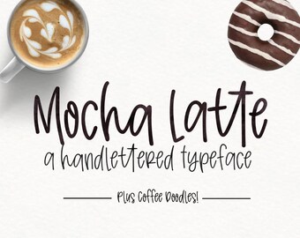 Mocha Latte Handwritten Font & Doodles, Installable Open Type OTF and True Type TTF Font Digital Download, Coffee Doodles