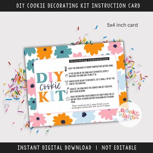 DIY Sugar Cookie Decorating Instruction Card Printable, 5x4 inch DIY Cookie Kit Cards PDF Cute Retro Floral Digital Download