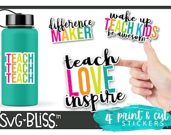 Teacher PNG Sticker Bundle | 4 Back to School Teacher Water Bottle Sticker Designs