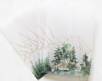 Printable Adventure Mountain Trees Vellum Jacket | Green Tree Cards Vellum Wraps | Downloadable Adventure Vellum Wraps for Wedding Invites