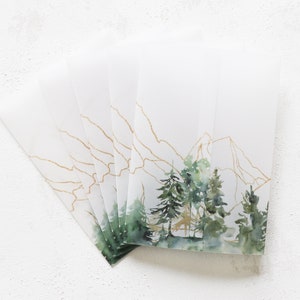 Adventure Mountain Trees Vellum Jacket | Green Tree Cards Vellum Wraps | Printed Adventure Vellum Wraps for Wedding Invitations