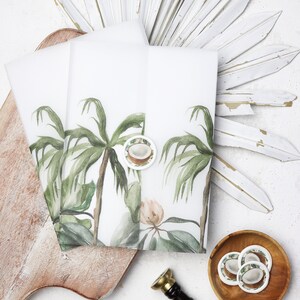 Tropical Green Palm Trees and Coconut Vellum Wraps | Digital 5X7 Beach Vellum Wrap for Wedding Invites | Printable Vellum Wedding Invites