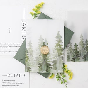 Winter Trees Vellum Jacket | Green Forest Holiday Cards Vellum Wraps | Printed Adventure Vellum Wraps for Wedding Invitations