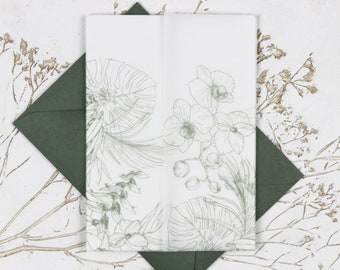 Tropical Green Vellum DIY Vellum Wrap | Orchid 5X7 Vellum Wrap for Wedding Invites | Digital Vellum \ Invite Jackets | Monstera Leaf Wraps