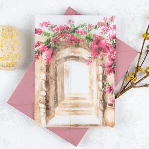 Pink Bougainvillea Vellum Wraps for Wedding Invites | 5x7 Tuscany Vellum Jackets | Romantic Italian Wedding Invites | Downloadable Vellum