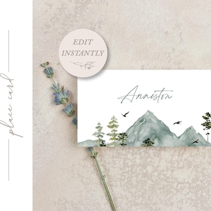 Modelo de cartão de lugar para casamento na montanha | Cartão de lugar para aventura | Cartão de lugar para impressão | Modelo de cartão de lugar para floresta verde | Cartão de lugar personalizado