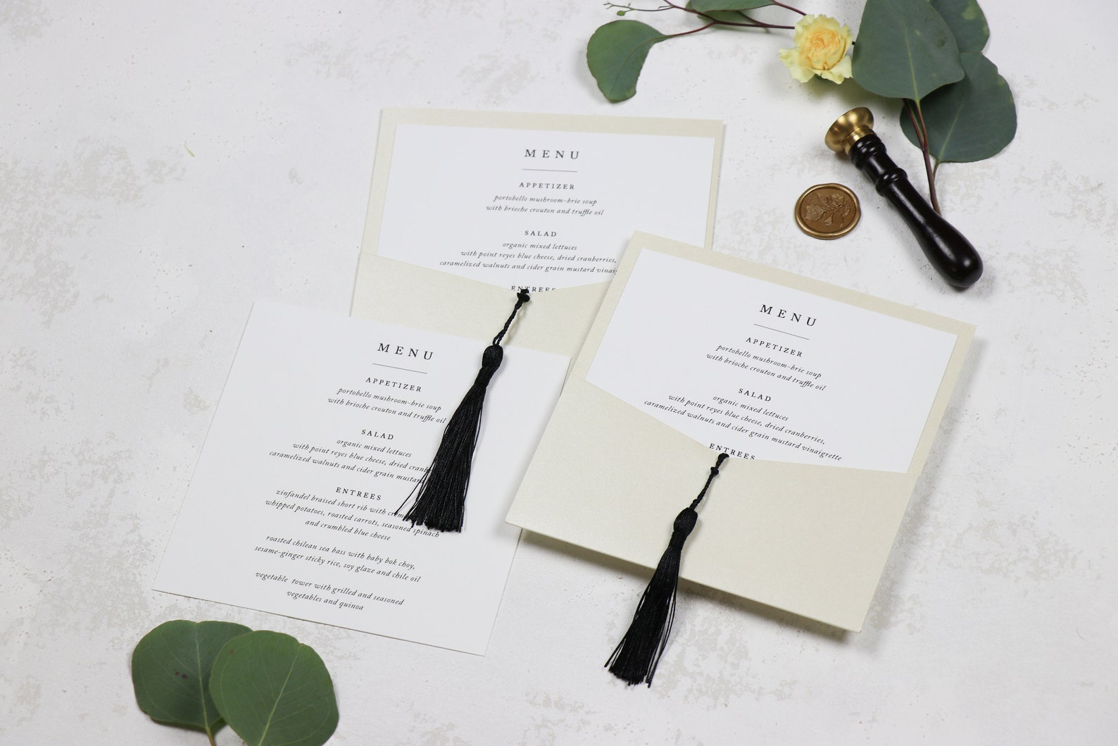 Black Champagne Square Tassel Menu Wedding Menus Pocket Etsy