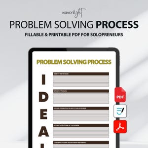 May include: A digital tablet displaying a fillable Problem Solving Process template with the acronym IDEAL vertically aligned. The document includes sections for identifying, defining, and exploring problems, with action steps and review fields in a clean layout.