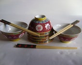 Vintage Famille Rose rice bowls Jiangxi Jingdezhen Longevity, Luck, Happiness Chopstick gift 3 sets Mother 39 s Day Birthday