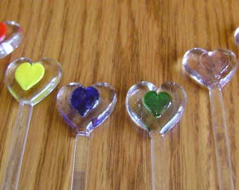 Vintage Glass Heart Shaped swizzle sticks / Blue, Orange, Green, Red, Yellow & Lavender / Valentine's day gift/ Birthday gift / display