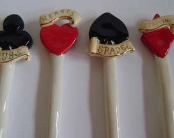 Clayworks casino card suit swizzle stick set / stirrers with suit tags / bar ware / vintage / game night / man cave / family fun