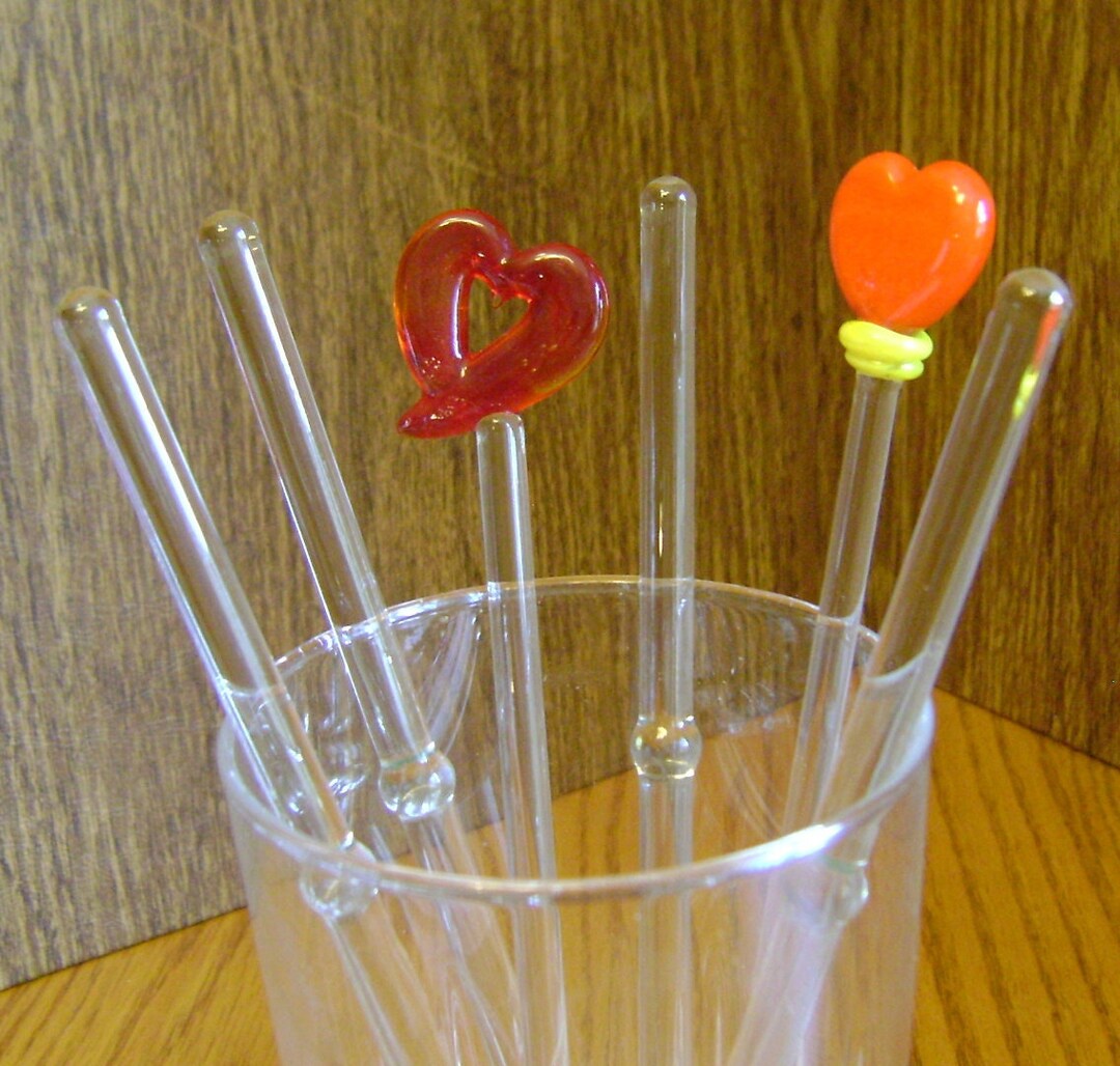 Vintage Clear Glass & Heart Swizzle Sticks / Red Heart Stirrers / Bar