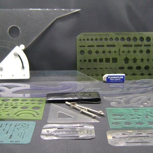 Vintage Durer Compass & Drafting tools / Adjustable square / Templates / Drafting / Erasing shields / Architecture / Birthday gift