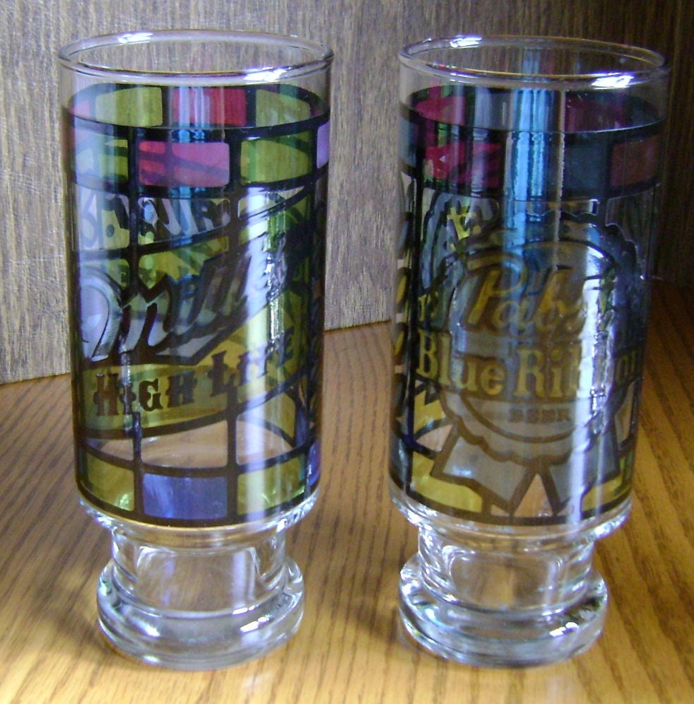 Vintage Stained Glass Beer Glasses / 1970's / Man Cave/ Etsy