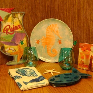 Ocean Sea theme cocktail bar ware set / stirrers, cups, towel, fish ice tray, starfish plate, sign rum recipe book/ Mother's day / Birthday
