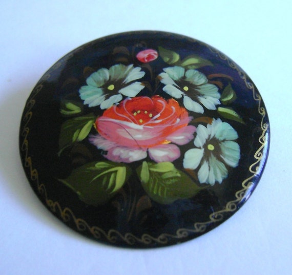Broche Vintage Palekh En Métal Laqué Peint Main - Folklore Russe