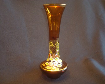 Boho kunst glazen knopvaas, handgeschilderde bloemenknopvaas, amber gouden knopvaas, kunstglazen vaas, kunstglazen knopvaas, handgeschilderde knopvaas