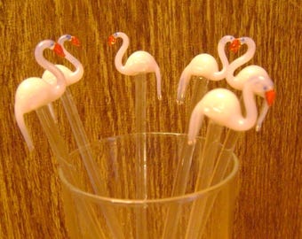Vintage Pink Flamingo bird glass Swizzle sticks / collectible / Mother&#39;s day gift / Birthday gift/ never used