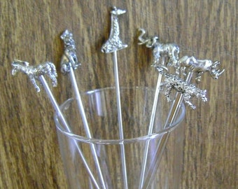 Wild Animal metal swizzle sticks / Lion Elephant Giraffe Rhino Zebra Cheeta / collectible  /man cave / bar ware/ metal stirrers / never used