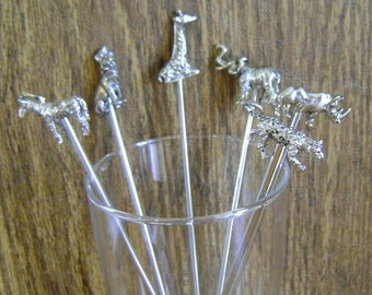 Wild Animal Metal Swizzle Sticks / Lion Elephant Giraffe Rhino Zebra Cheeta  / Collectible /man Cave / Bar Ware/ Metal Stirrers / Never Used 