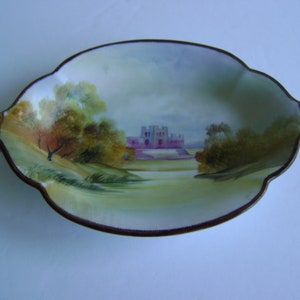 Vintage Nippon hand painted dish / scenic picture / two handles / collectors plate / finely detailed / Anniversary gift / display piece