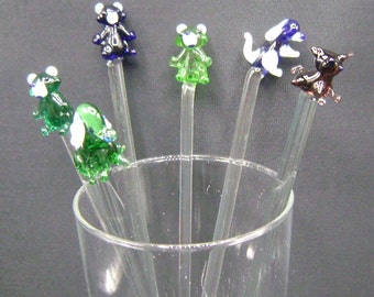 Vintage glass Bear & Dog swizzle sticks / cocktail stirrers / collectible / Birthday gift / Mother&#39;s day gift / display / bar ware