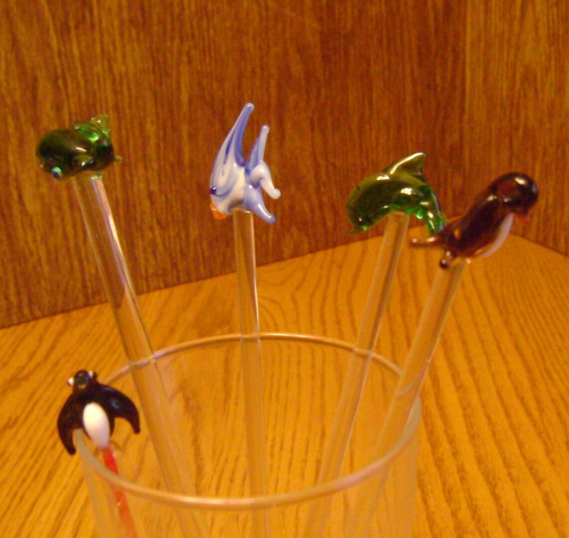 Vintage glass Ocean creature drink swizzle sticks / glass stirrers / bar ware / display / cocktail party / Birthday /Father's day / man cave