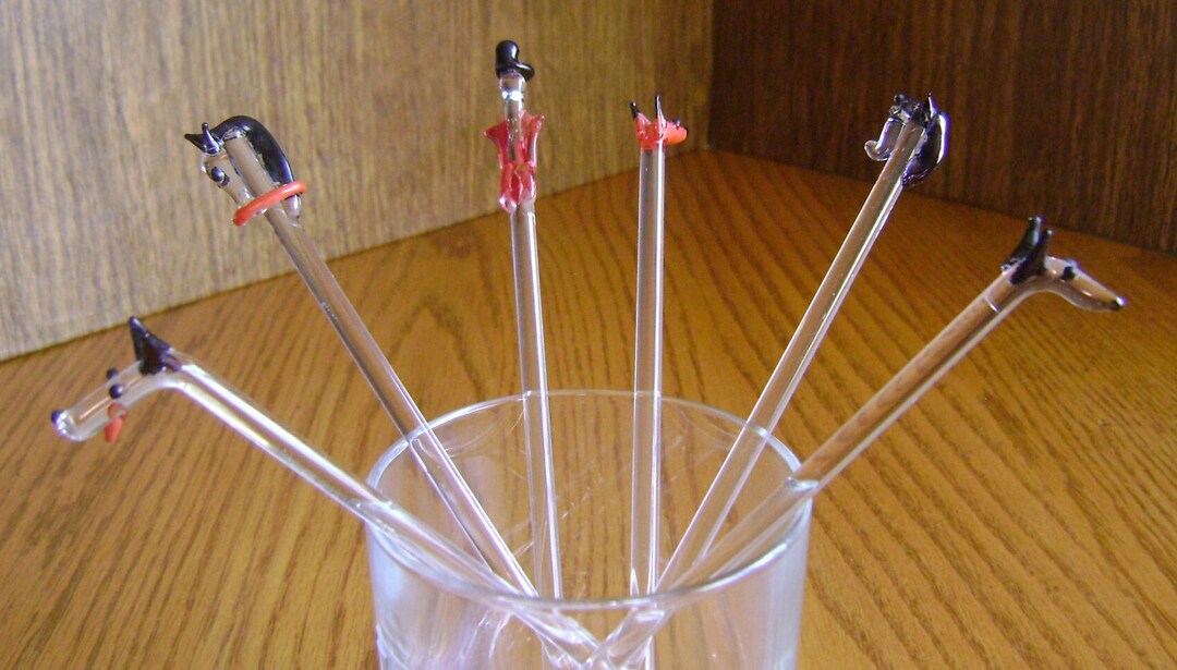 Vintage Glass Horse, Fox & Dog Swizzle Sticks / Cocktail Stirrers