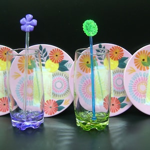 Vintage Colorful Highball Glasses & swizzle sticks / Tom Collins Glasses/ matching color stirrers /  bar ware / man cave / Bridal shower
