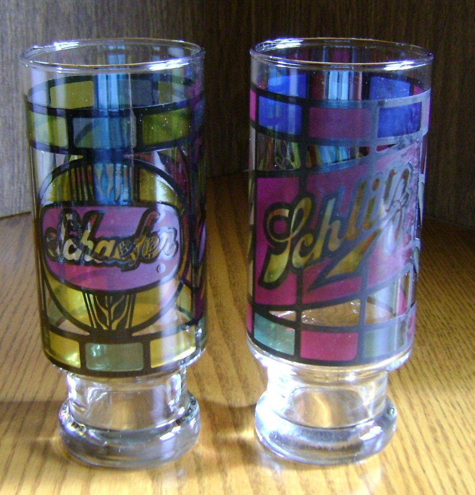 Vintage Stained Glass Beer Glasses / 1970's / Man Cave/ Etsy