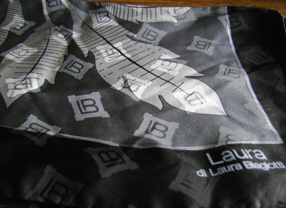 Vintage Laura Biagiotti silk scarf black gray whi… - image 3