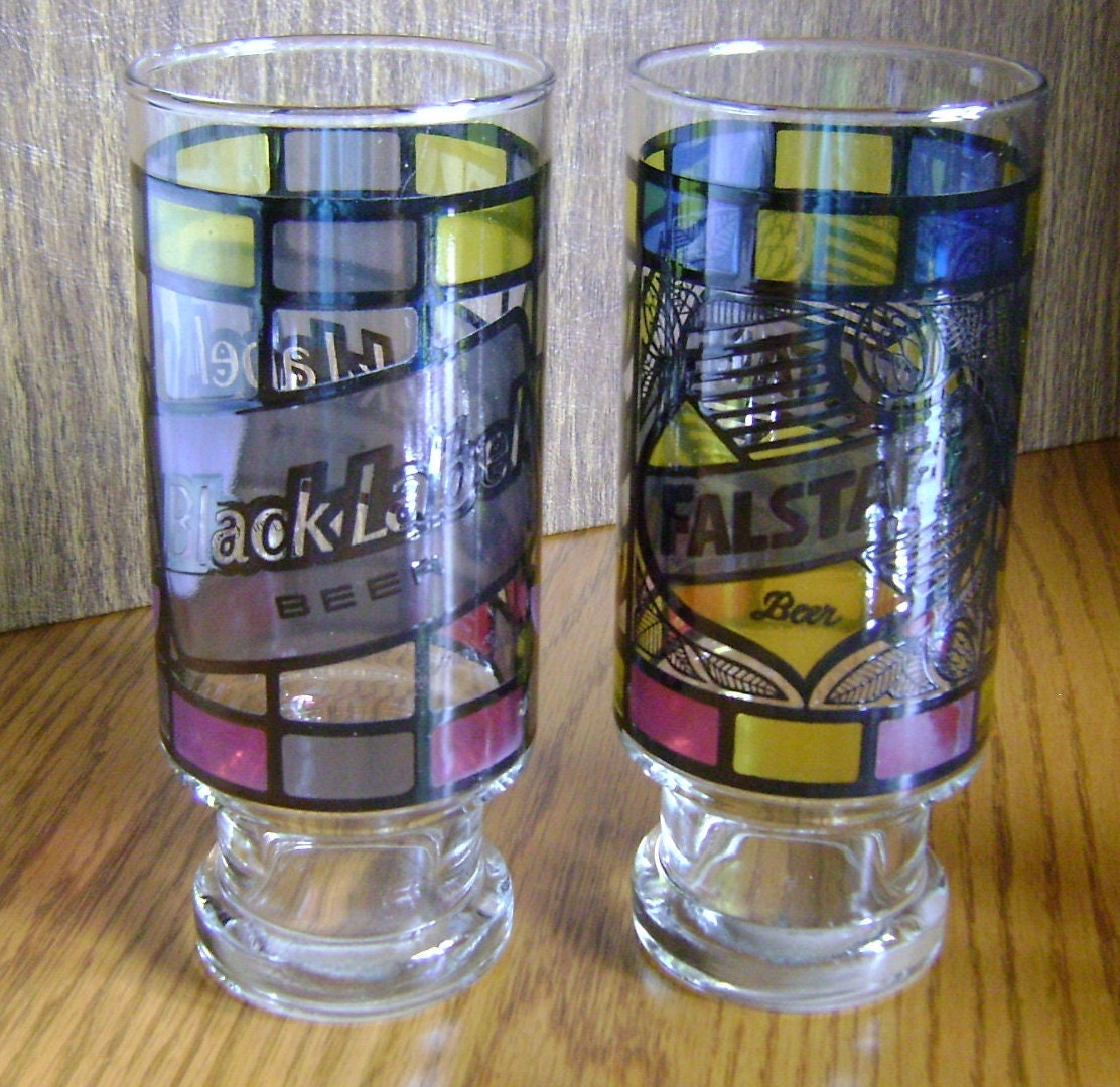 Vintage Stained Glass Beer Glasses / 1970's / Man Cave/ Etsy