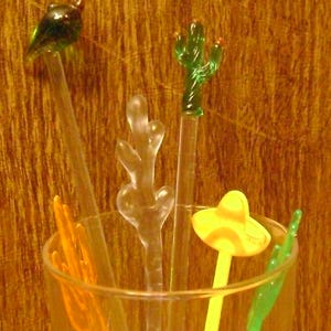 Southwester Theme glass swizzle sticks  /man cave /Green Cactus, Green Pepper, Sombrero and Plastic cactus/ man cave/  Birthday girt