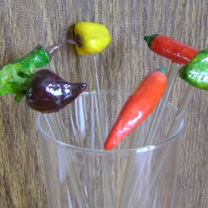 Vintage Glass Vegetable swizzle sticks / paper masche / Green, Yellow, Hot Peppers & Eggplant / Mother&#39;s day gift / Birthday gift / bar ware