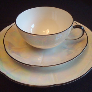 PK Unity Bavarian China Desert set,  White opal iridescent Desert plate, cup & saucer, Bavarian iridescent China plate
