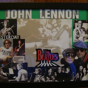 May include: A collage of images featuring John Lennon, The Beatles, and lyrics from his songs. The collage includes a photo of John Lennon playing guitar, a photo of The Beatles walking across a crosswalk, and lyrics from the songs "Yesterday", "New York City", and "Imagine".