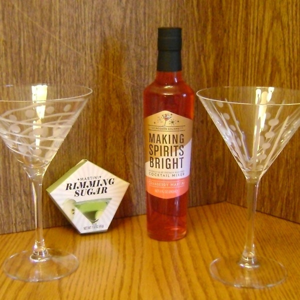 Martini bar ware set / Martini glasses / Rimming sugar & Martini mix / glass drink picks / Birthday gift / Mother's day gift