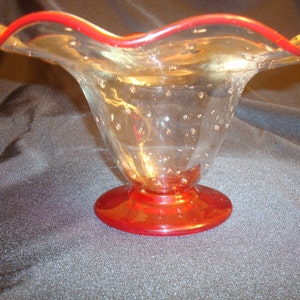 Art glass server bow, art glass bowl with red pedastal, red art glass bowl, red scalloped rim hand blown bowl, clear bubble glass bowl