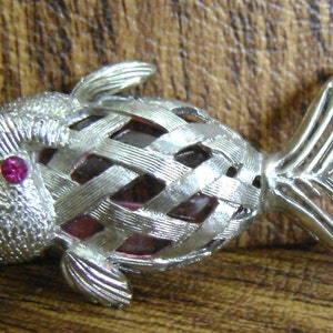 Fish brooch with pink stone/ silvertone brooch fish/ brooch looking like a fish pink birthstone pin for month of October