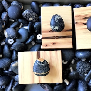 Basalt and Granite rock cabinet knobs on silver base, made in USA, Beach stone knobs, Kitchen Hardware Drawer Handle and Pulls