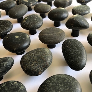 Dark Basalt Rock Cabinet Knobs with black base, made in USA, Mountain Midnight stone cabinet knob, lakeshore stone, dark granite knob